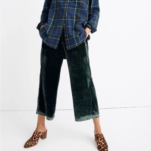 Madewell Velvet Huston Pull-On Wide Leg Crop Pants Elastic Waist Green Womens S - Picture 1 of 10
